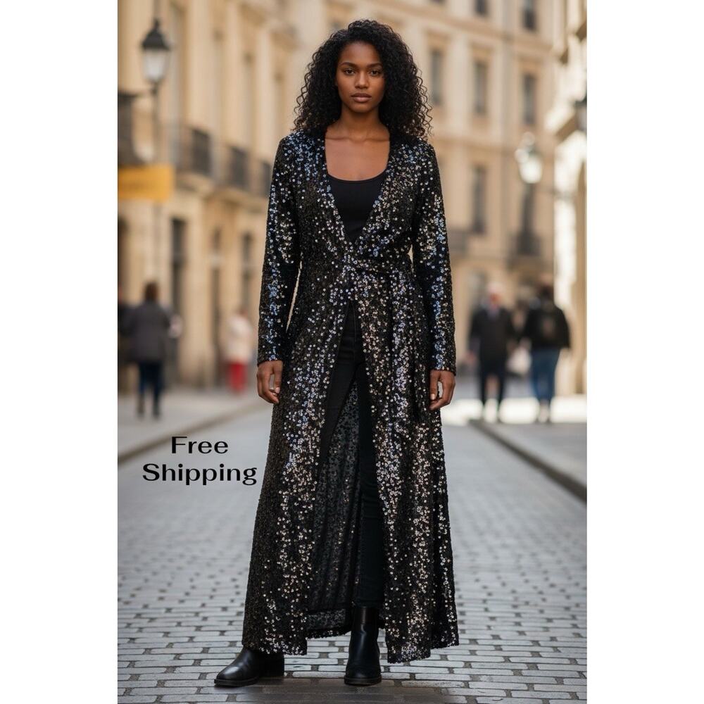 H&M Black Sequin Long Coat Women's Size XS 080-V02